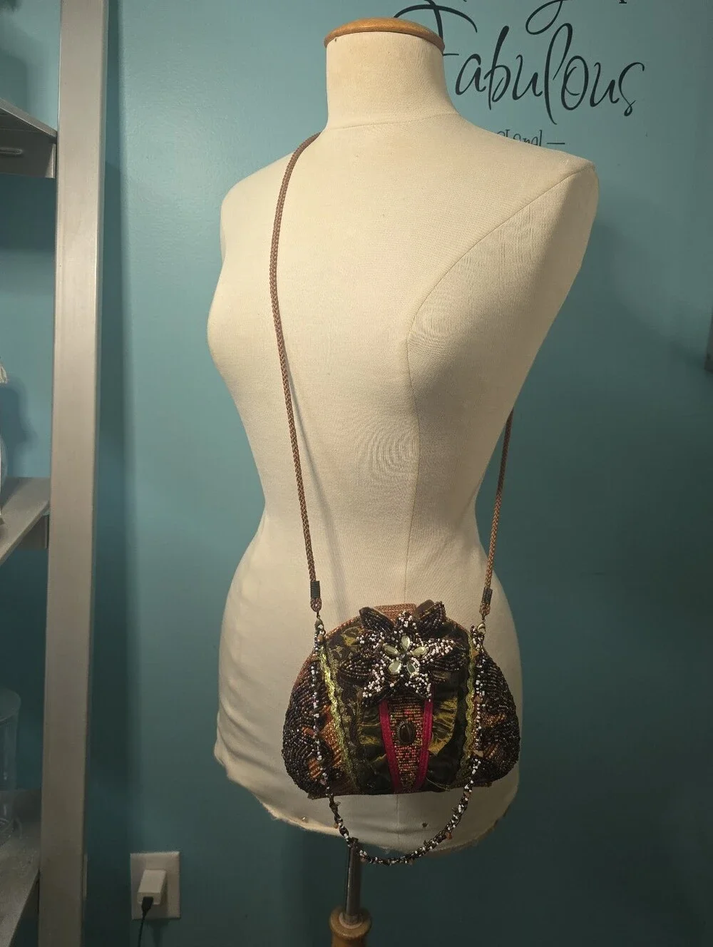 Embellished Beaded Multi Earth-Toned Crossbody Bag